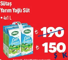 SÜTAŞ YARIM YAĞLI SÜT 4X1 L fiyat ve kampanya bilgisi